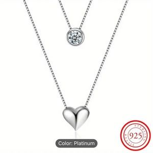925‎ Sterling Silver Exquisite Heart & Round Shape Zircon Double Layer